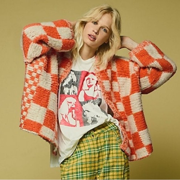 Free People Sweaters - FREE PEOPLE Aldrin Cardi Checkered Cardigan Sweater in Orange Check